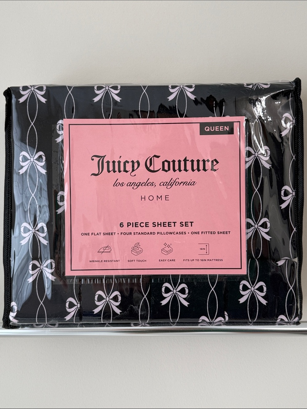 Juicy Couture Queen Sheet Set in Black with Pink Bow Pattern